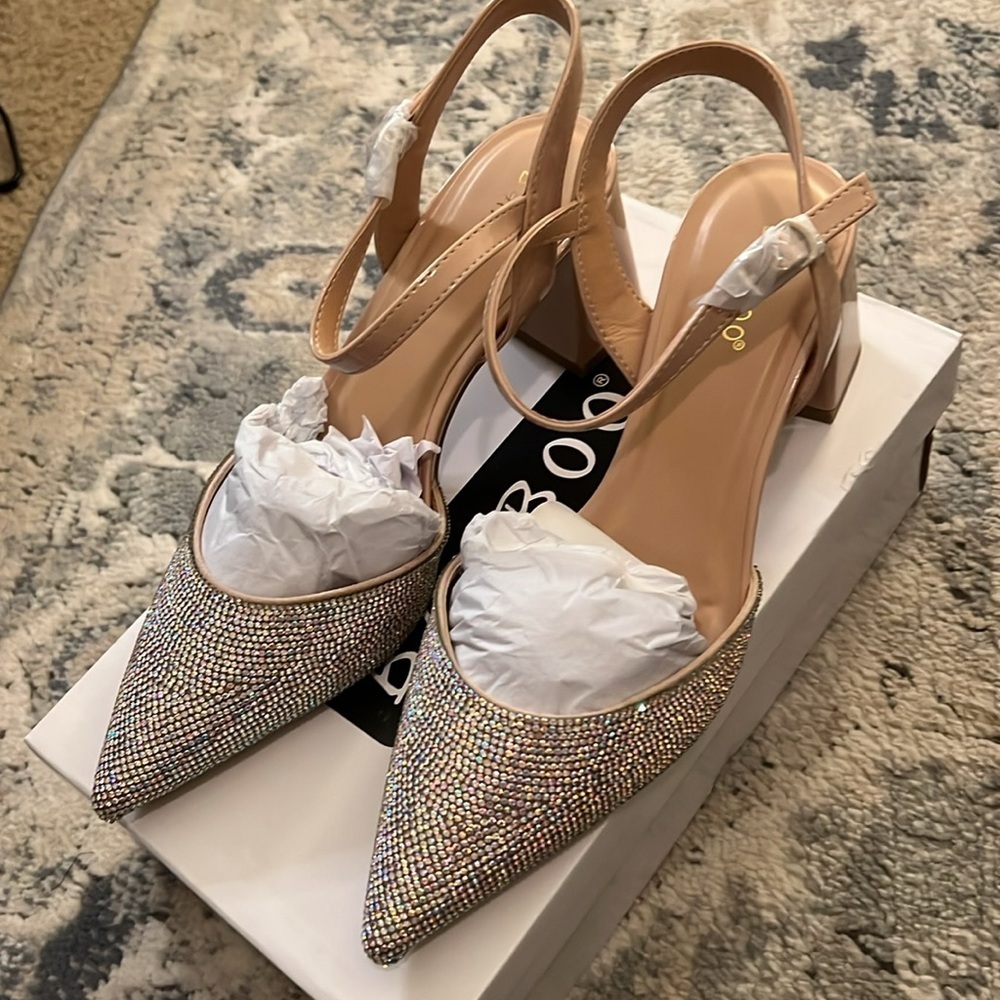 Bamboo Starlike Pump Heel Slingback 10 Nude Sparkle NEW - Picture 2 of 6